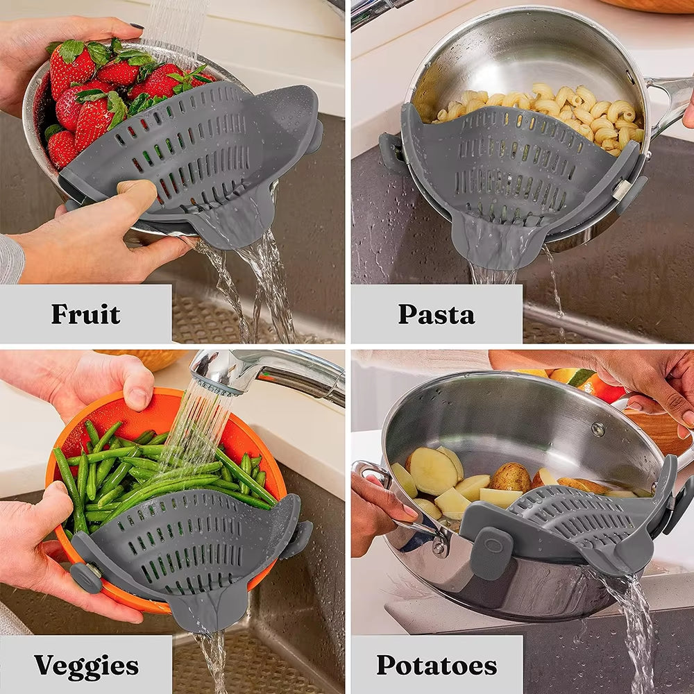 Silicone Kitchen Strainer Clip on Pots and Pans Drain Rack Pasta Noodle Vegetable Fruit Strainer Colander Kitchen Gadgets