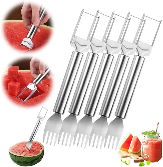 2-In-1 Stainless Steel Fruit Cutter, 2024 Portable Watermelon Fork Slicer Cutter with round Handle for Home Kitchen Gadget