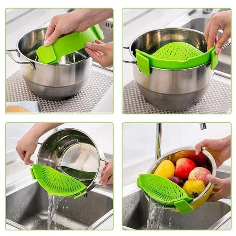 1Pc Clip on Strainer Silicone for All Pots and Pans, Pasta Strainer Clip on Food Strainer for Meat Vegetables Fruit Silicone Kitchen Colander