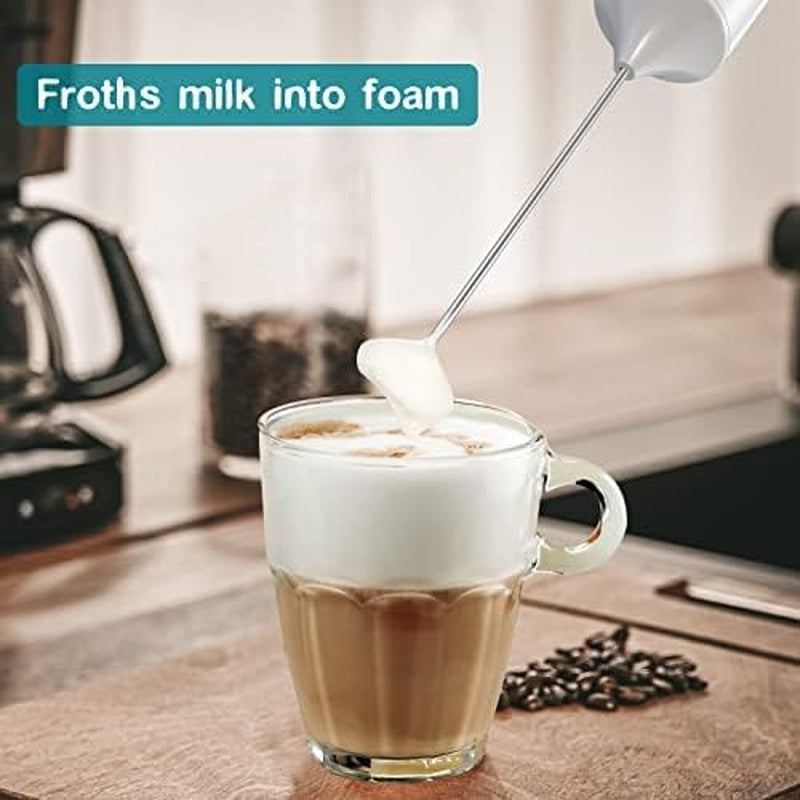 Milk Frother Wand- Powerful Milk Frother Handheld for Coffee, Electric Whisk, Foam Maker and Drink Mixer for Latte, Cappuccino, Frappe, and Hot Chocolate (White)