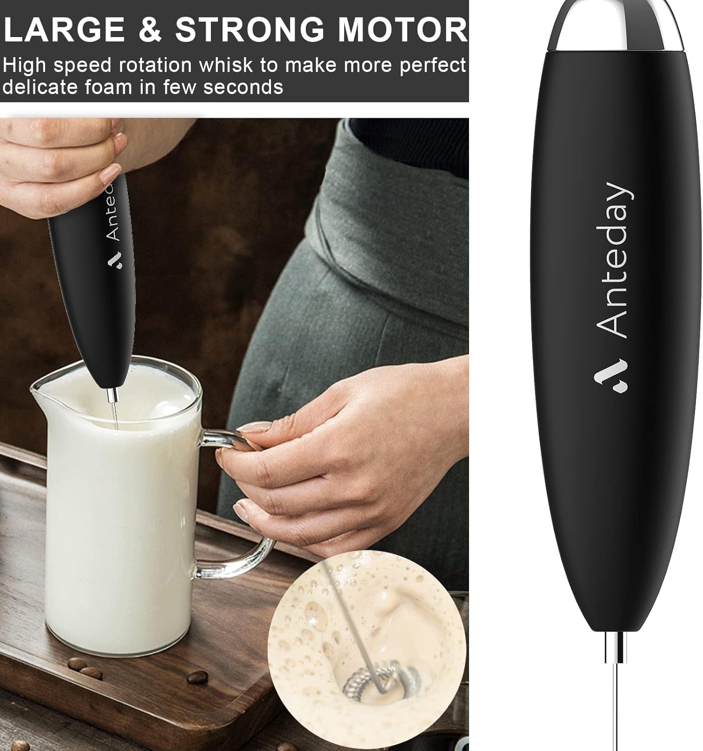 Electric Milk Frother Handheld, Frother Wand for Coffee, Battery Operated (Not Included) Drink Mixer Matcha Whisk, Foam Maker For, Frappe Hot Chocolate, Cappuccino, Lattes