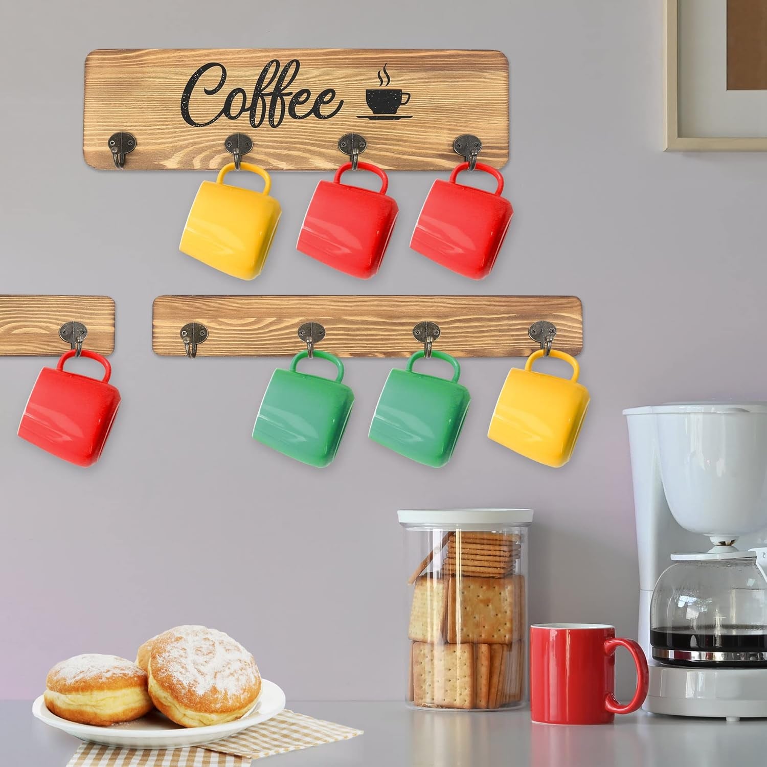 Coffee Cup Holder, Wall Mounted Mug Rack with 12 Hooks, Farmhouse Wood Cup Organizer for Home, Office, Kitchen Display Storage Collection, Rustic Coffee Nook Décor