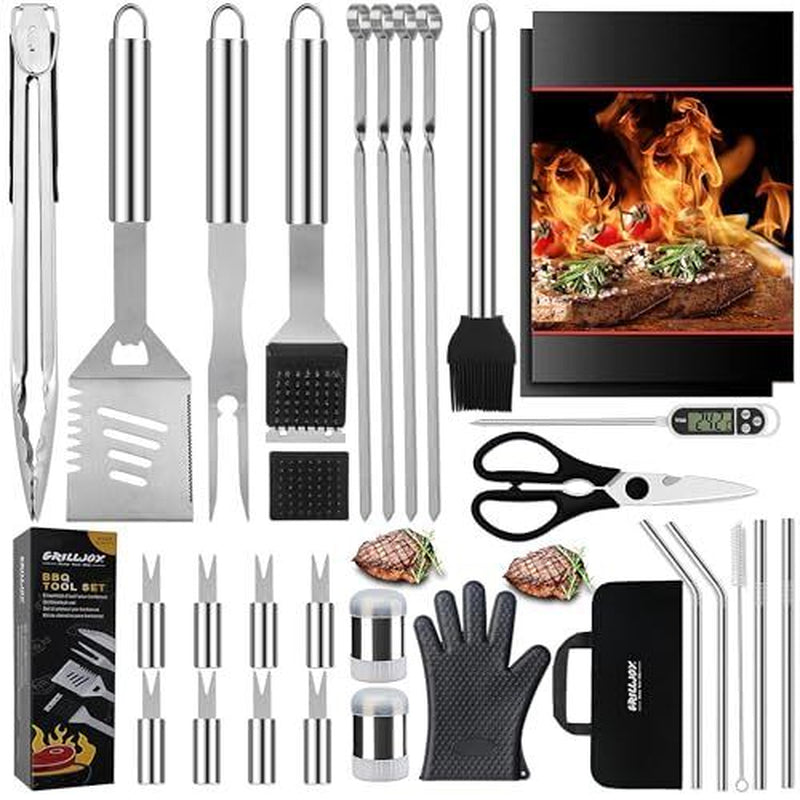 31PCS BBQ Grill Accessories Set, Heavy Duty BBQ Tools Set for Men & Silver