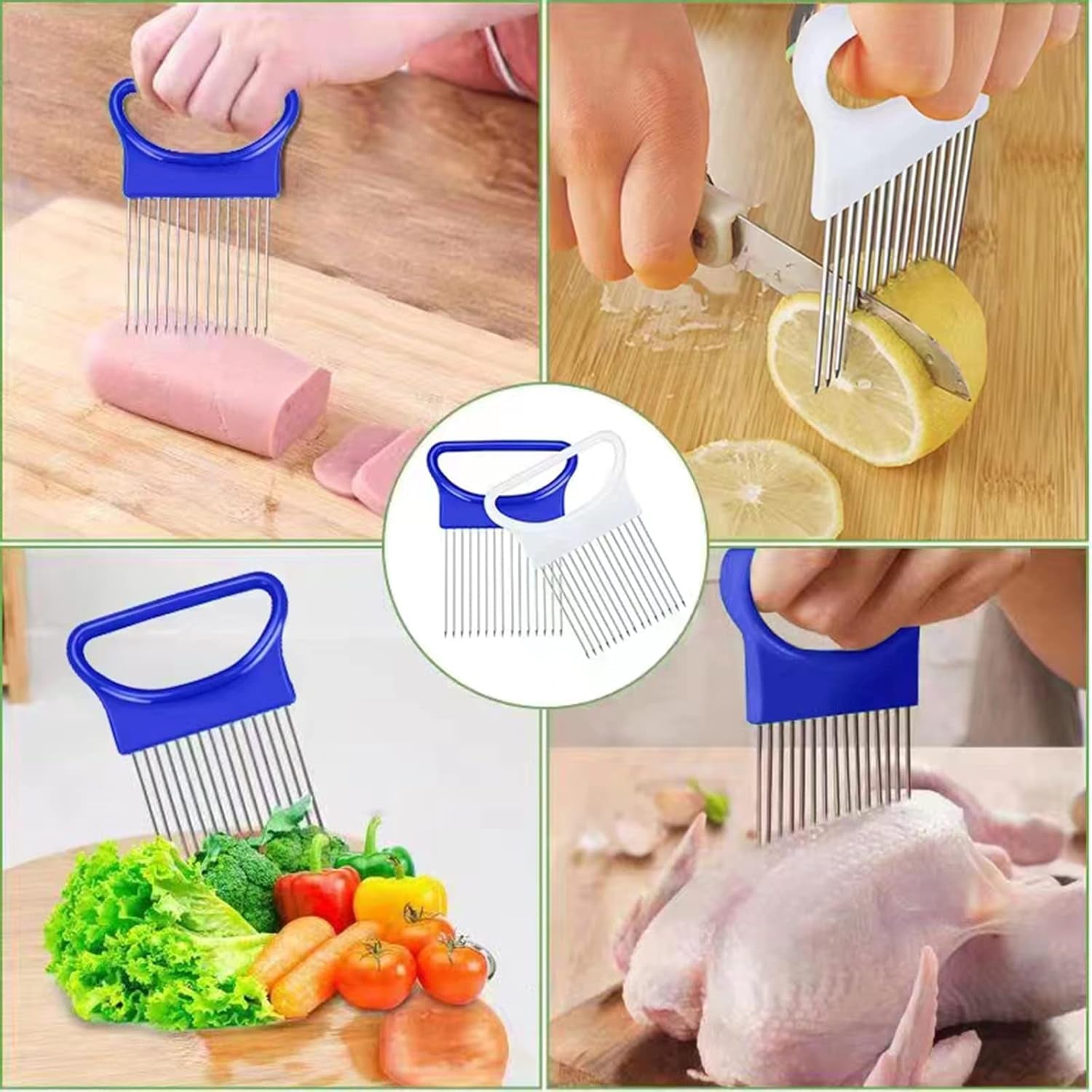 2Pcs  Onion Holder for Slicing, Stainless Steel Prongs Kitchen Slicer, Lemon Potato Cucumber Vegetable Cutter Comb,Meat Tenderizer,(White and Blue).