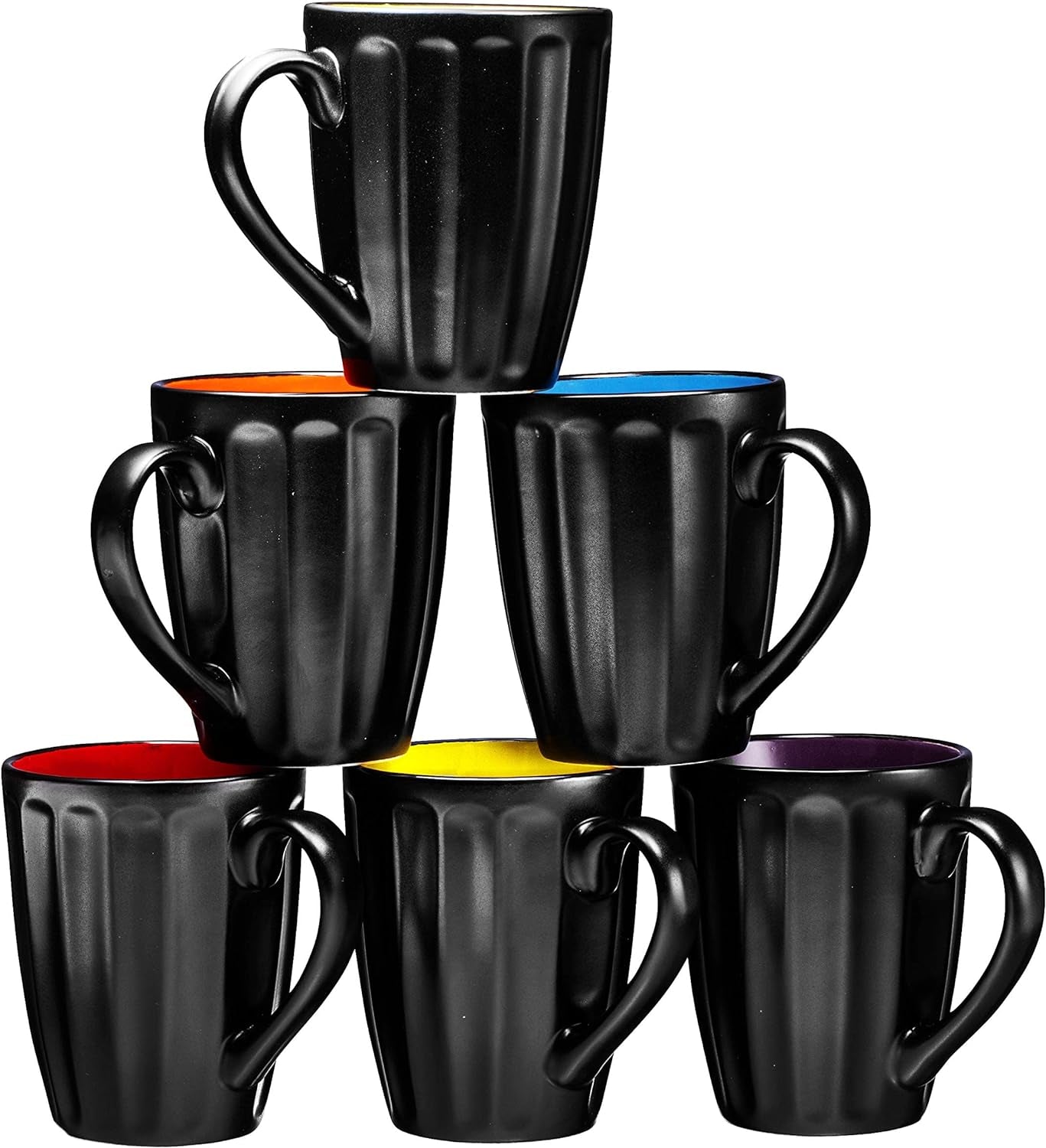 16Oz Matte Black Coffee Mugs Set of 6, Large Size Ceramic Espresso Cups, 16 Ounce Coffee Mugs, Black Coffee, Multicolor Inside