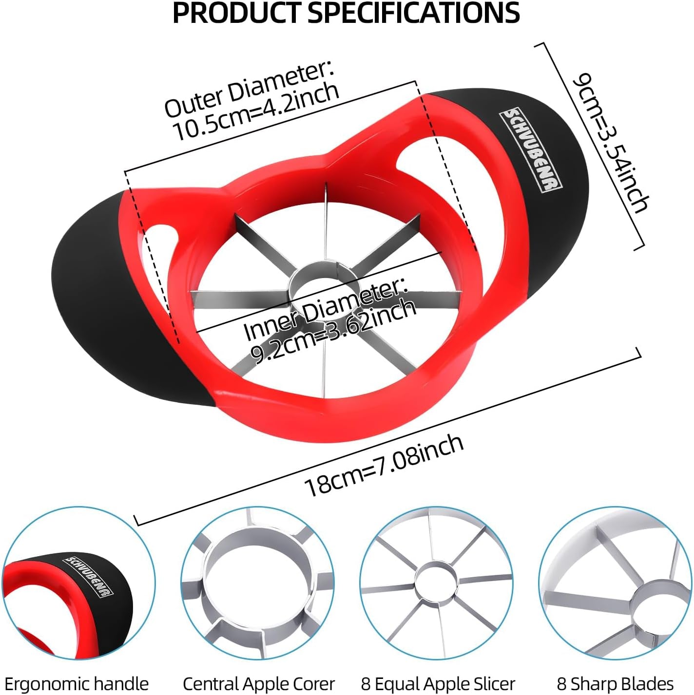 3.5 Inch Apple Slicer - Professional Apple Cutter - Stainless Steel Apple Corer - Super Sharp Apple Slicer and Corer - Apple Corer Tool with 8 Sharp Blades(Red)