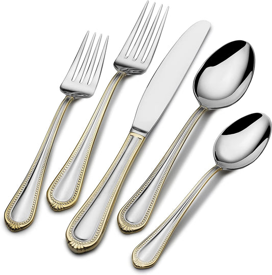 , Gold Accent Regent Bead Flatware Service for 12, 65 Piece Set, 18/10 Stainless Steel, Silverware Set with Serving Utensils