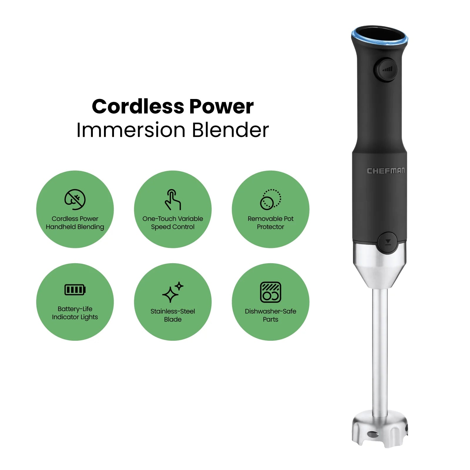 Cordless Immersion Blender, Variable Speed, Stainless Steel Blade, USB Charger, Black