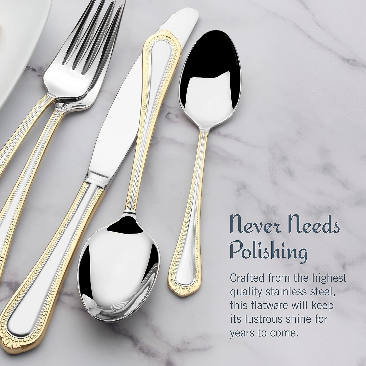 , Gold Accent Regent Bead Flatware Service for 12, 65 Piece Set, 18/10 Stainless Steel, Silverware Set with Serving Utensils