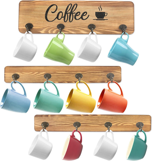 Coffee Cup Holder, Wall Mounted Mug Rack with 12 Hooks, Farmhouse Wood Cup Organizer for Home, Office, Kitchen Display Storage Collection, Rustic Coffee Nook Décor