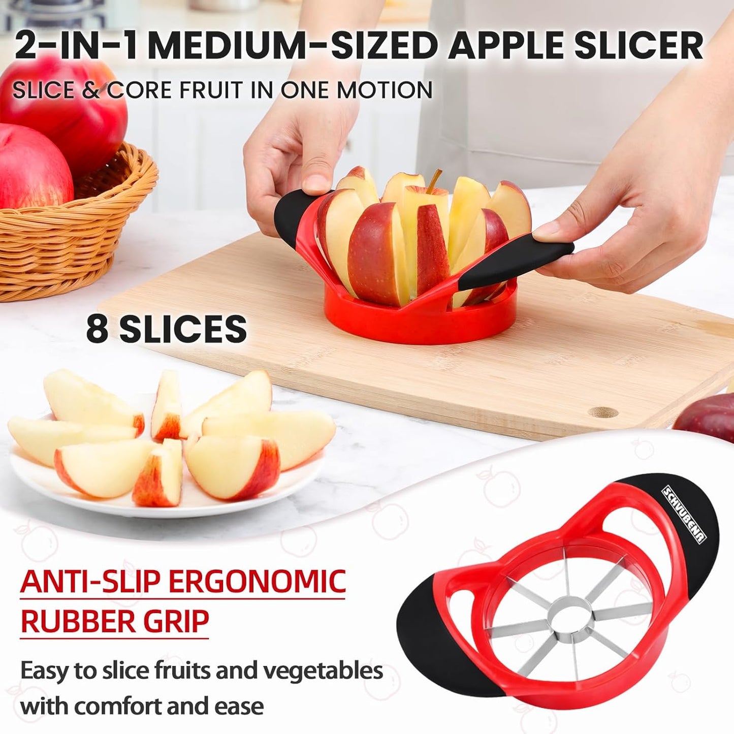 3.5 Inch Apple Slicer - Professional Apple Cutter - Stainless Steel Apple Corer - Super Sharp Apple Slicer and Corer - Apple Corer Tool with 8 Sharp Blades(Red)