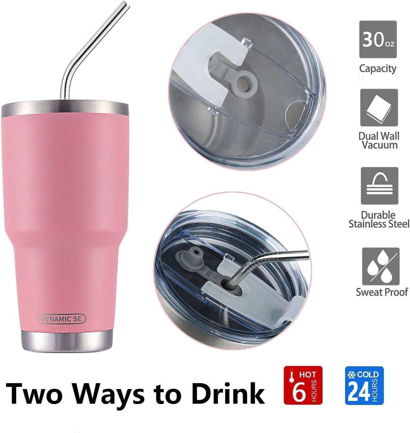 30Oz Tumbler Double Wall Stainless Steel Vacuum Insulated Travel Mug with Splash-Proof Lid Metal Straw and Brush (Pink)