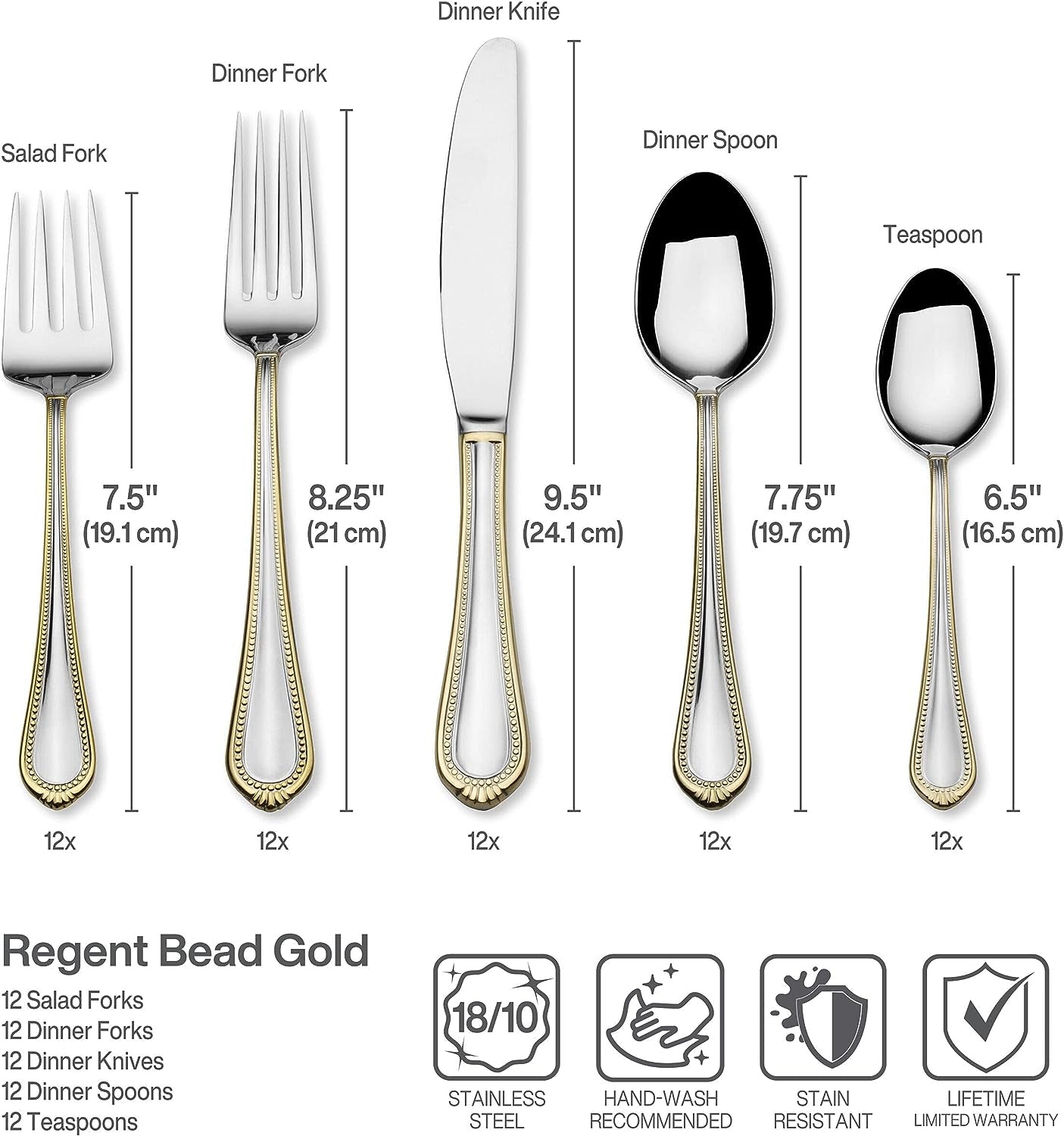 , Gold Accent Regent Bead Flatware Service for 12, 65 Piece Set, 18/10 Stainless Steel, Silverware Set with Serving Utensils