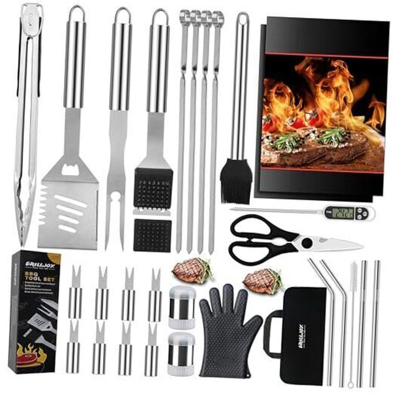 31PCS BBQ Grill Accessories Set, Heavy Duty BBQ Tools Set for Men & Silver