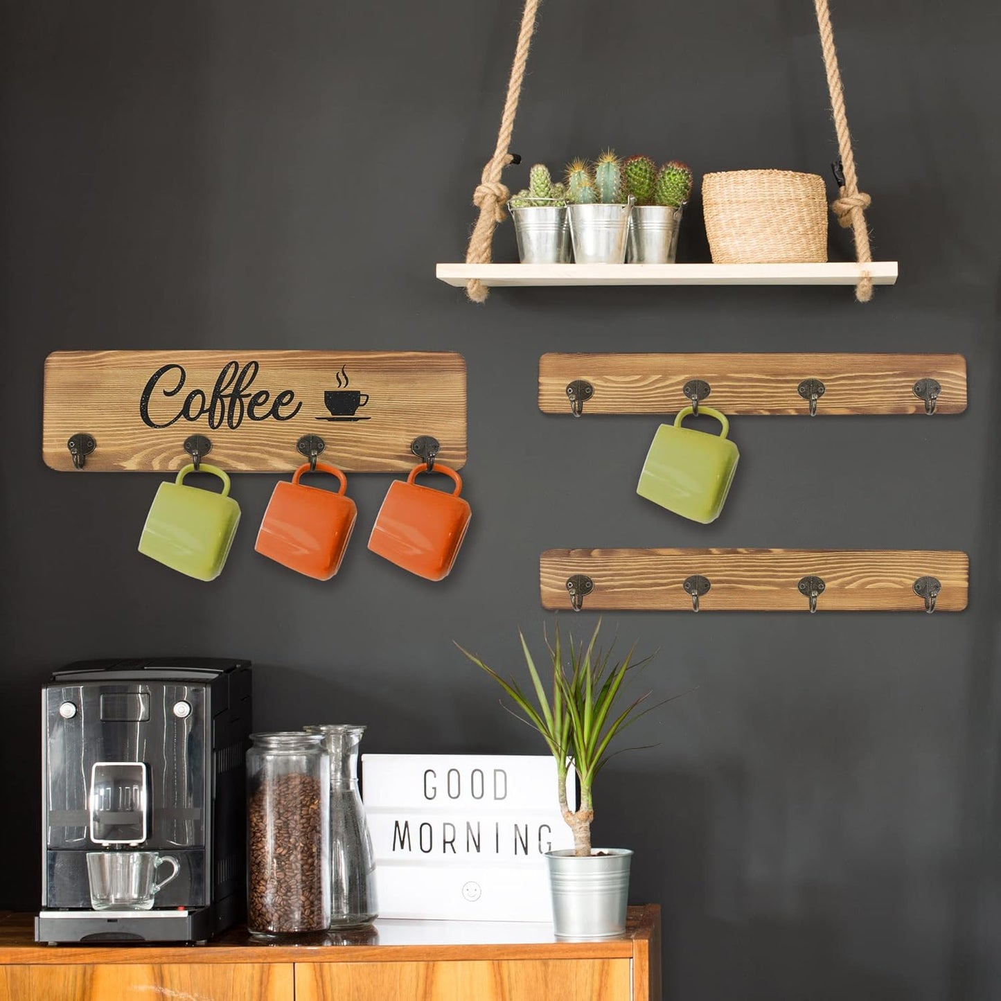 Coffee Cup Holder, Wall Mounted Mug Rack with 12 Hooks, Farmhouse Wood Cup Organizer for Home, Office, Kitchen Display Storage Collection, Rustic Coffee Nook Décor