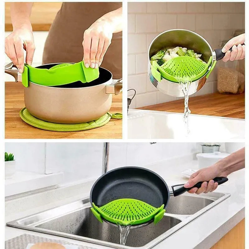 1Pc Clip on Strainer Silicone for All Pots and Pans, Pasta Strainer Clip on Food Strainer for Meat Vegetables Fruit Silicone Kitchen Colander