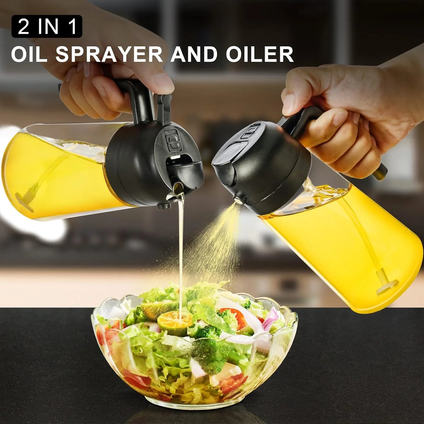 16Oz 2-Pack Oil Dispenser Bottle for Kitchen - 2 in 1 Olive Oil Dispenser and Oil Sprayer - 470Ml Olive Oil Bottle - Oil Sprayer for Cooking, Kitchen, Salad, Barbecue Black Utensils