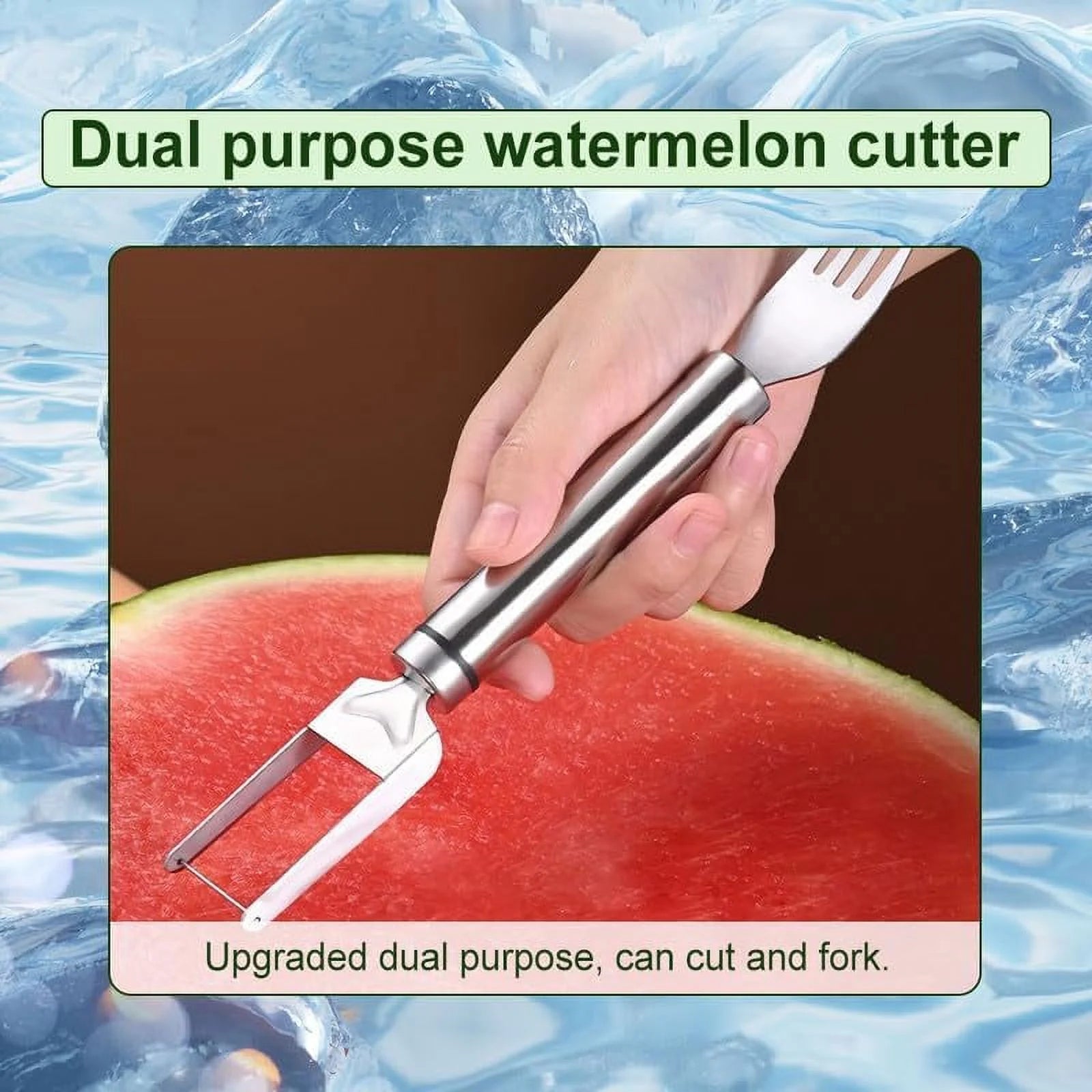 2-In-1 Stainless Steel Fruit Cutter, 2024 Portable Watermelon Fork Slicer Cutter with round Handle for Home Kitchen Gadget