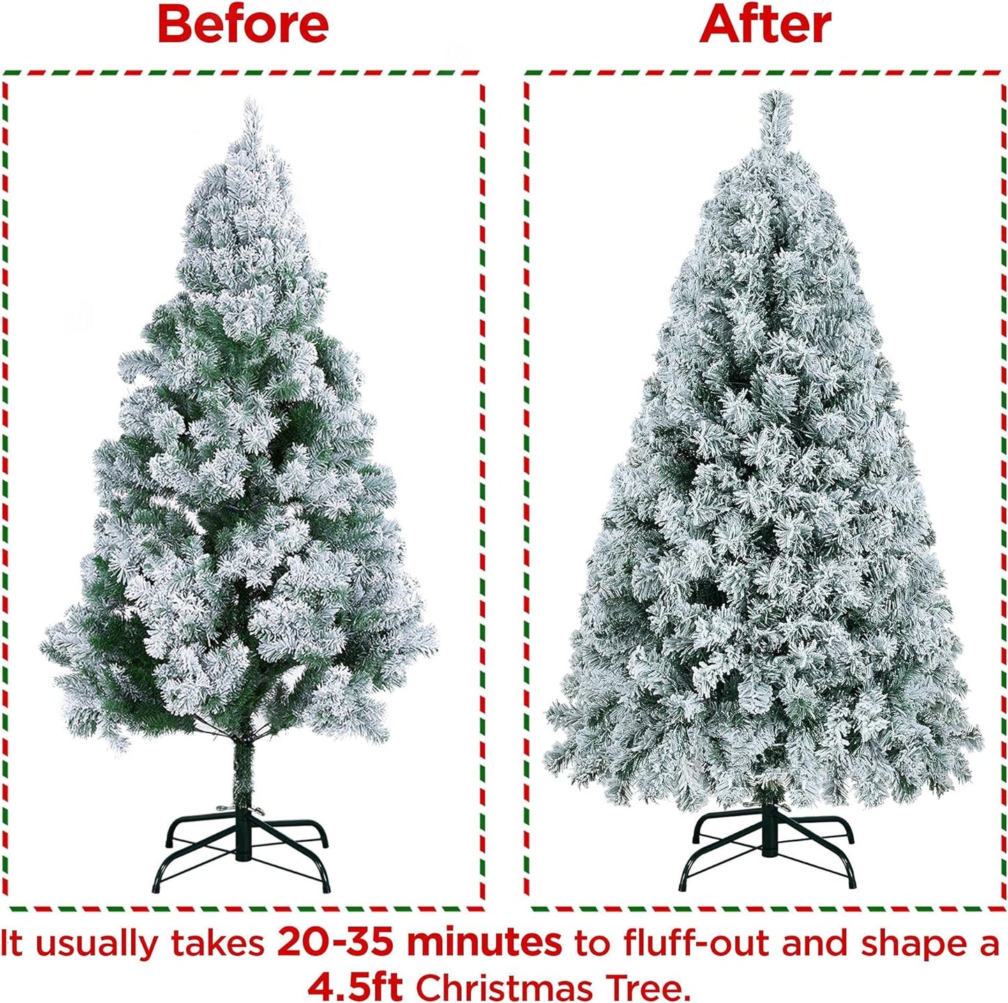 4.5Ft Pre-Lit Artificial Christmas Tree with Incandescent Warm White Lights, Snow Flocked Full Prelighted Xmas Tree W/340 Branch Tips, 150 Incandescent Lights & Foldable Stand, Green & White